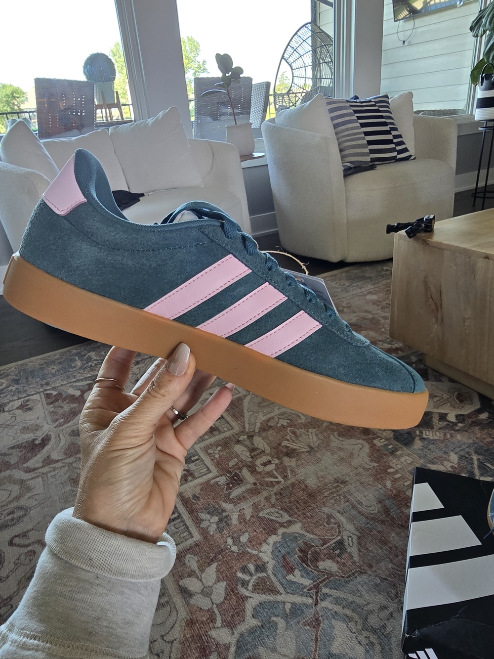 #summer Adidas Teal Suede Sneakers with Pink Stripes and Gum Sole